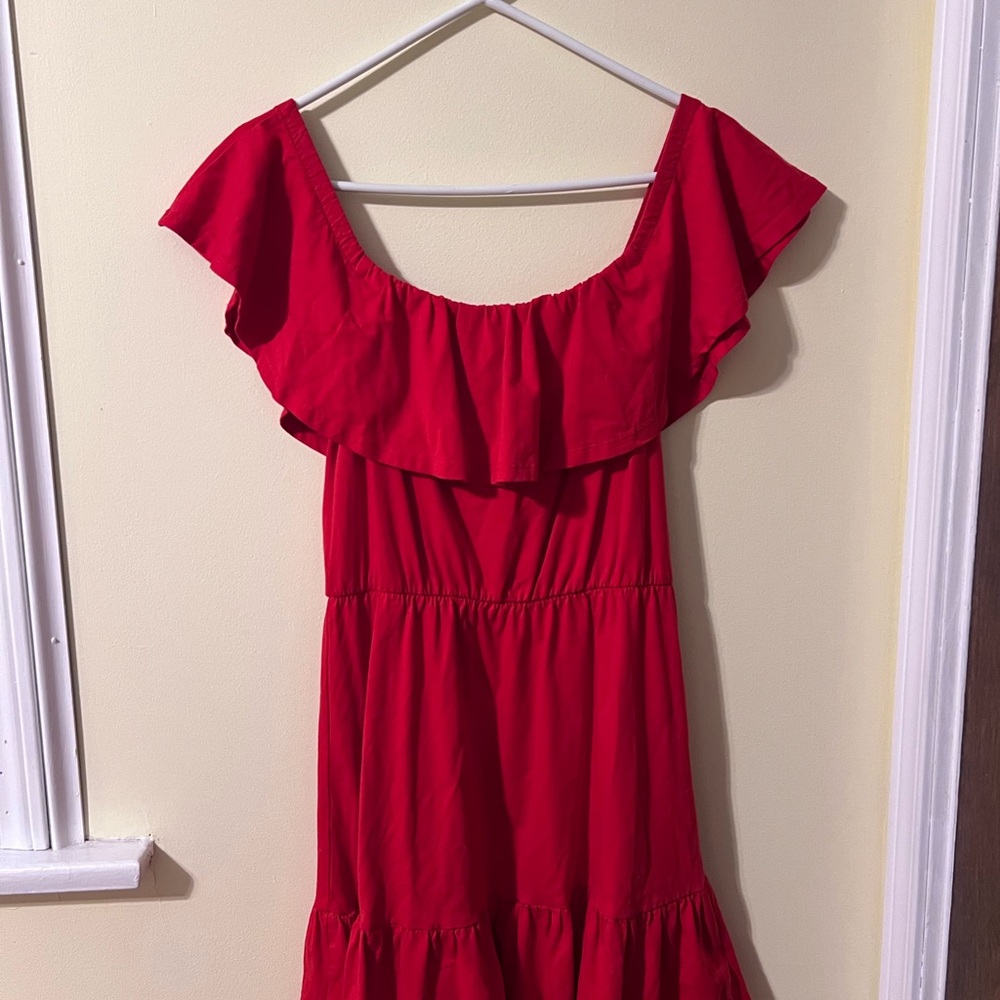 ASOS Red Ruffle Off-Shoulder Mini Dress - Picture 2 of 3